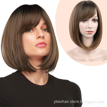 Anogol Cheap colorful  Synthetic hair Bob Wigs With Bangs  copper Brown   silk straight synthetic hair  wigs